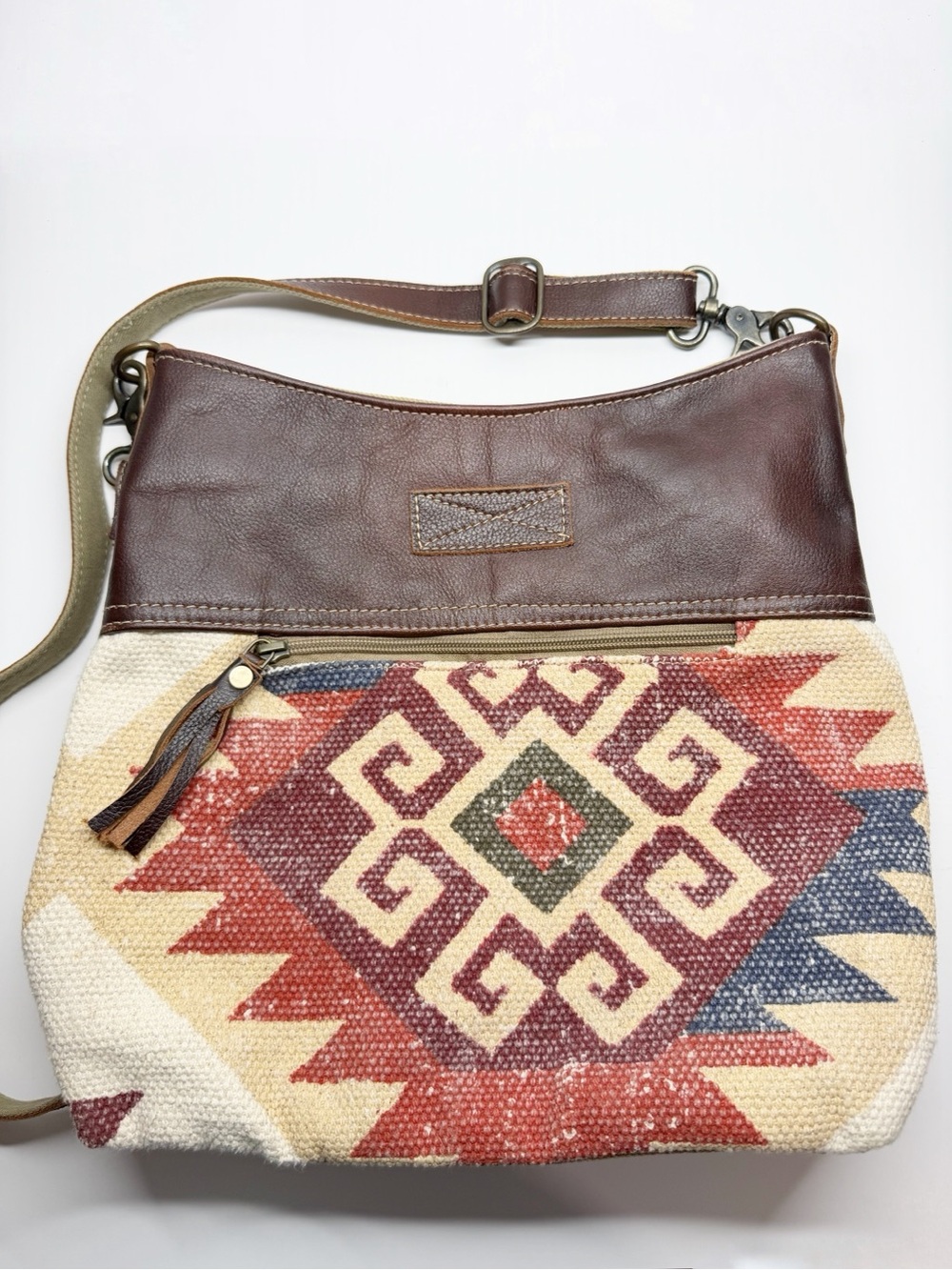 Myra Bag Western Aztec Leather Woven Cotton Crossbody Purse - Picture 2 of 14